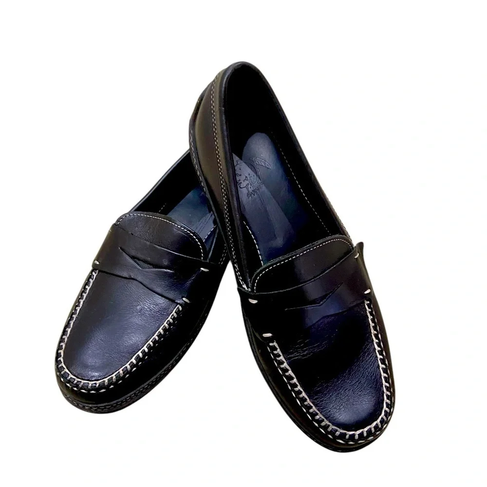 Men’s MSM handmade premium black leather slip on penny loafers overstitched sz 9